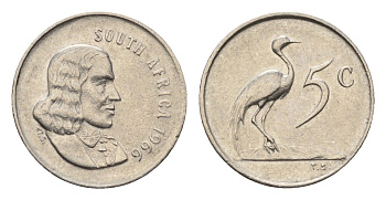 ЮАР 5 центов 1966 Ян ван Рибек (1619-1677), South Africa, легенда на англинском, райский журавль KM 67.1 медно-никель 4694-411