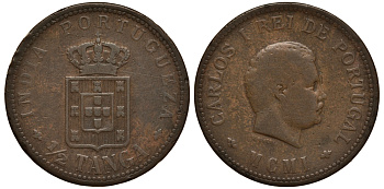 Португальская Индия 1/2 танга = 30 рейс 1901 Карлуш (Карл) I (1889-1908) KM 16  бронза    1530-1133