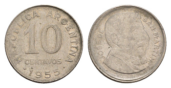 Аргентина 10 сентаво 1955 генерал Хосе де Сан Мартин KM 51 сталь плакированная никелем 4655-1017