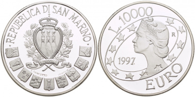 Сан-Марино 10000 лир 1997 Европейский союз "Либертас" KM 372 серебро PROOF 1068-3-31