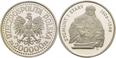 Польша 200000 злотых 1994 серия Польские короли, Сигизмунд I Старый (1506-1548) тираж 15000 экземпляров KM 273 серебро PROOF 00-821-09