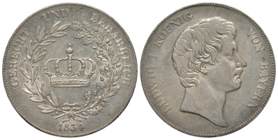 Бавария 1 талер 1834 (конвенцталер) KM 394, Jaeger 30, Thun 48, AKS 76, Kahnt 75, Davenport 565 серебро aUNC 00-814-47