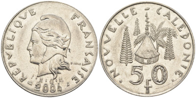 Французская Новая Каледония 50 франков 2004 хижина среди сосен и пальм, (IEOM) KM 13, Schoen 15, Lec 121 никель 4123-1215