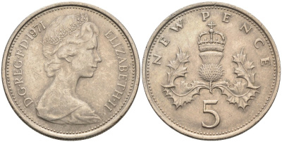 Великобритания 5 пенсов 1971 Елизавета II (1952-2022) KM 911, Spink 4233 (D1) медно-никель 4586-927