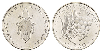 Ватикан 500 лир 1970 MCMLXX KM 123 серебро UNC 11-134-41