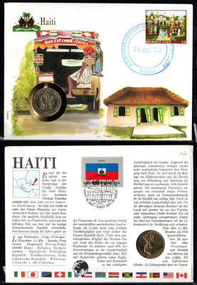 Гаити 20 сантимов 1986 в конверте с маркой (КПД - Конверт первого дня Гашения) KM 152 медно-никель UNC 9002-02