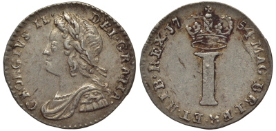 Великобритания 1 пенс 1754 Георг II (1727-1760) Spink 3715A, KM 567 серебро 1524-122