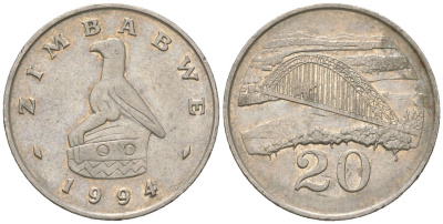 Зимбабве 20 центов 1994 мост Бирченоу KM 4 медно-никель 4616-1114