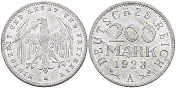 ГЕРМАНИЯ 200 МАРОК 1923 A KM 35, J. 304, Weege 22 алюминий 261-843