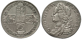 Великобритания 1 шиллинг 1758 Георг II (1727-1760) KM 583.3, Spink 3704 серебро 1518-223