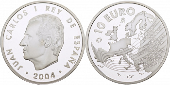 Испания 10 евро 2004 M, расширение Евросоюза, карта Европы KM 1099 серебро PROOF 01-161-31