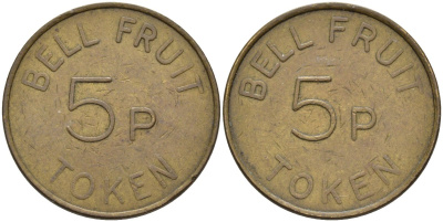 Англия игровой жетон ND 5 пенсов, BELL FRUIT, диаметр 22,92 мм., токен латунь 4584-854