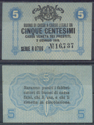 Италия 5 чентезимо 1918 Венецианский ссудный банк Pick M1 бумага aUNC 7554-11-1-2