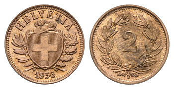 Швейцария 2 раппена 1936 B KM 4.2a бронза UNC 1528-822