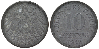 Германия 10 пфеннигов 1919 KM 26, J. 299, Weege 8 цинк 4119-316