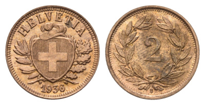 Швейцария 2 раппена 1936 B KM 4.2a бронза UNC 1528-822
