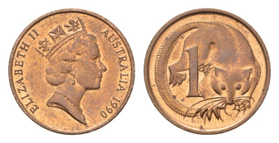 Австралия 1 цент 1990 Елизавета II (1952-2022), опоссум KM 78 бронза UNC 96-728
