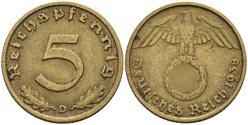 Германия 5 рейхспфеннигов 1938 D KM 91, J. 363 алюминиевая бронза 4151-842