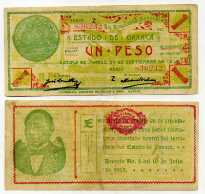 МЕКСИКА 1 ПЕСО 1915 OAXACA, 24 СЕНТЯБРЯ 1915, РЕВОЛЮЦИЯ Pick S953 бумага 8589-56-2-1