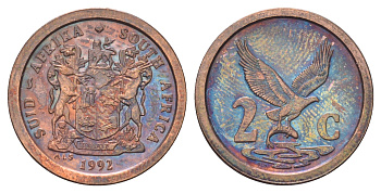 ЮАР 2 цента 1992 орел с рыбой KM 133 сталь плакированная медью UNC 4696-939
