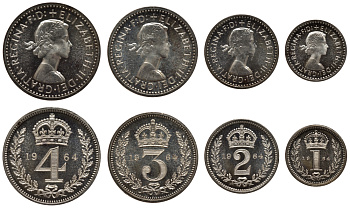 Великобритания набор из 4 монет 1964 1, 2, 3 и 4 пенса, Елизавета II (1952- ), Манди сет KM MDS 223, S 4131, ESK 2581 серебро PROOF 00-821-20
