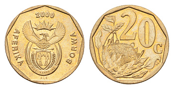 ЮАР 20 центов 2000 герб, цветок протея KM 225 сталь плакированная латунью UNC 4694-917