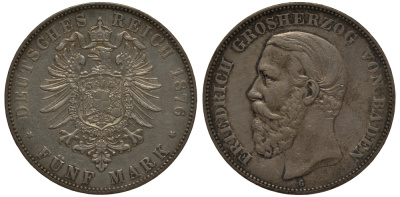 Баден 5 марок 1876 G, Фридрих I (1856-1907), старогербовка Weege 28, J. 28, KM 263.2 серебро 00-816-58