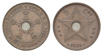 Бельгийское Конго 2 сантима 1888 Свободное государство Конго, Леопольд II (1865-1909) KM 2 медь 4127-431