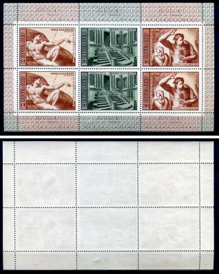 СССР лист из 6 марок (14, 20 и 30) копеек 1975 500 лет со дня рождения Микеланджело Буонарроти - сотворение Адама, лестница библиотеки, страшный суд Загорский 4382, 4383 и 4384 марка с оригинальным клеем, без следов наклейки (чистая) 8705-66-2-2