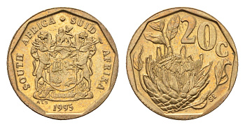 ЮАР 20 центов 1995 герб, цветок протея KM 136 сталь плакированная бронзой UNC 4694-842