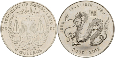 Сомалиленд 5 долларов 2000 год дракона X 4 сталь плакированная никелем UNC 4125-821