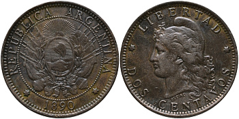 Аргентина 2 сентаво 1890 голова свободы влево KM 8 бронза 59-1316