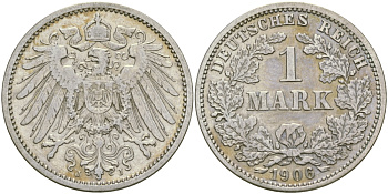 Германия 1 марка 1906 J Weege 18, J. 17, KM 14 серебро aUNC 413-5734