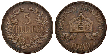 Немецкая Восточная Африка (Танзания) 5 геллеров 1909 J - Ost-Africa Jaeger 717, KM 11 бронза 413-223