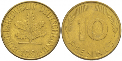 ФРГ 10 ПФЕННИГОВ 1981 F KM 108, J.383 сталь плакированная латунью 3996-643