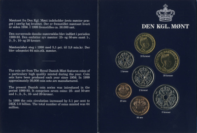 Дания набор из 7 монет 1999 Маргрете II, официальный набор в картонном буклете, тираж 30000 экз. BUNC 2-6-3-14