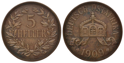 Немецкая Восточная Африка (Танзания) 5 геллеров 1909 J - Ost-Africa Jaeger 717, KM 11 бронза 413-223