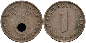 Германия 1 рейхспфенниг 1938 D KM 89, J 361 бронза 4136-524