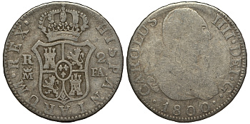 Испания 2 реала 1800 M FA, мондвор (Мадрид), Карлос IIII (1788-1808) KM 430.1 (C69.1) серебро 650-944