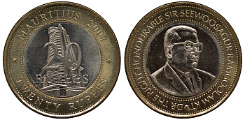 Маврикий 20 рупий 2007 40 лет Центральному банку Маврикия KM 66 биметалл UNC M22-09