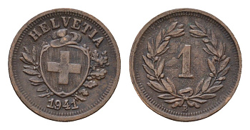 Швейцария 1 раппен 1941 B KM 3.2 бронза 46-639