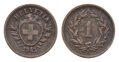 Швейцария 1 раппен 1941 B KM 3.2 бронза 46-639