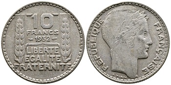 Франция 10 франков 1932 Пьер Тюрен KM 878, Le Franc 360.5 серебро 4683-1032