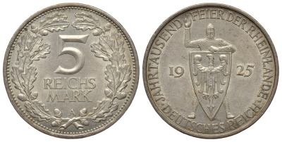 Германия 5 марок 1925 A, 1000 летие Рейнланда Weege 25, J. 322, KM 46 серебро 00-812-22