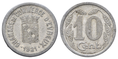 Франция, Эврё 10 сантимов 1921 диаметр 23 мм, вес 1,3 гр Elie mon 10.2 алюминий 4126-1116