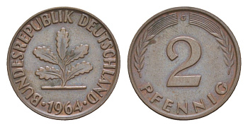 ФРГ 2 пфеннига 1964 G KM 106, J. 381 бронза 4630-1236