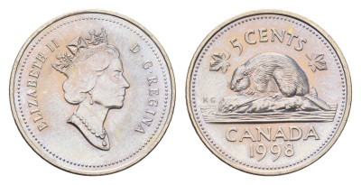 Канада 5 центов 1998 Елизавета II (1952-2022), бобр KM 183 медно-никель UNC 3336-325