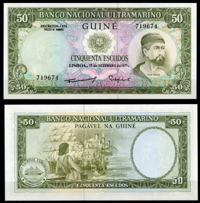 Португальская Гвинея 50 эскудо 1971 Нуну Триштан, корабль, женщина Pick 44 a (2)  бумага  UNC (пресс) 448-138-1