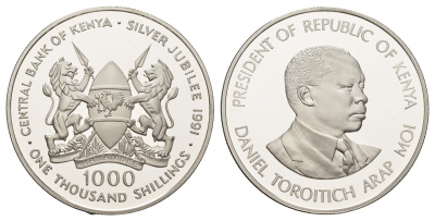 Кения 1000 шиллингов 1991 25 лет центральному банку, Даниель арап Мои, тираж 500 экземпляров КМ 26 серебро PROOF 11-140-15
