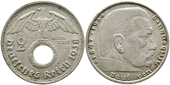 Германия 2 рейхсмарки 1938 В, Гинденбург, символика KM 93, J.366 серебро 87-257